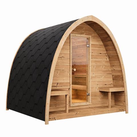 SaunaLife Garden-Series Model G3 | Outdoor Sauna Kit | Parabolic Arched Roof | Recessed Front Terrace with Benches | Bronze Tempered Glass Door | Lockable | Thermo-Spruce | Wi-Fi LED Light Included | Handcrafted Northern Europe