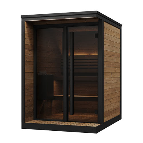 SaunaLife Garden Luxury-Series GL4 4-person outdoor sauna kit Thermo-Spruce black trim bronze tempered glass front in backyard