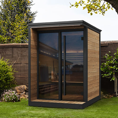 SaunaLife Garden Luxury-Series GL4 4-person outdoor sauna kit Thermo-Spruce black trim bronze tempered glass front in backyard