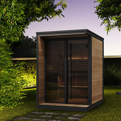 SaunaLife Garden Luxury-Series GL4 | 4-Person Outdoor Sauna Kit | 1.57" Thermo-Spruce | Bronze Tempered Glass | Black Modern Trim | Exterior Eave LED | Integrated Porch | Ergonomic Contoured Benches | Handcrafted Northern Europe