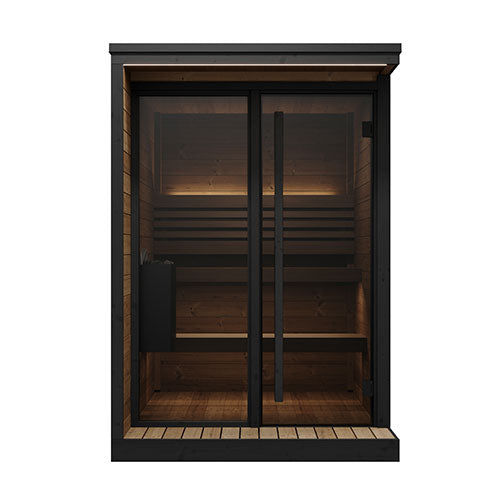 SaunaLife GL4 outdoor sauna 58.9 inch wide Thermo-Spruce walls black fascia integrated porch and eave LED lighting