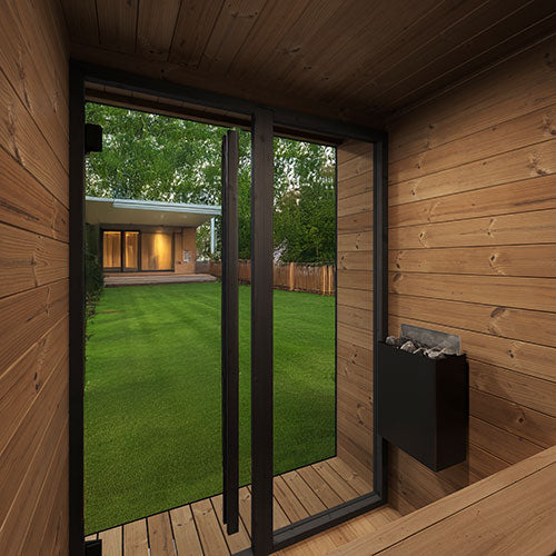 SaunaLife GL4 recessed dotless exterior eave LED lighting illuminating integrated Thermo-Spruce porch at night