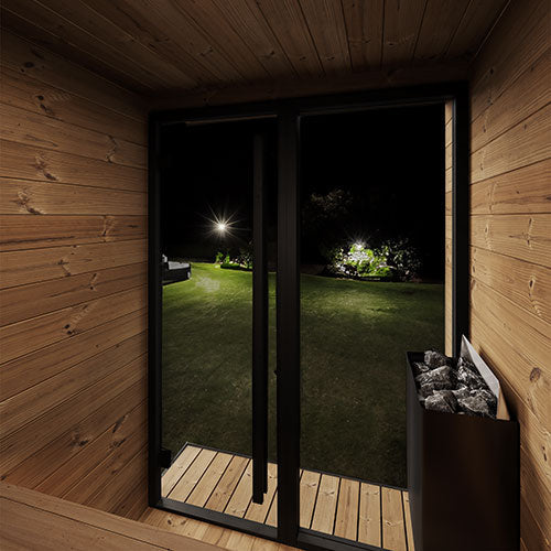 SaunaLife Garden Luxury-Series GL4 | 4-Person Outdoor Sauna Kit | 1.57" Thermo-Spruce | Bronze Tempered Glass | Black Modern Trim | Exterior Eave LED | Integrated Porch | Ergonomic Contoured Benches | Handcrafted Northern Europe