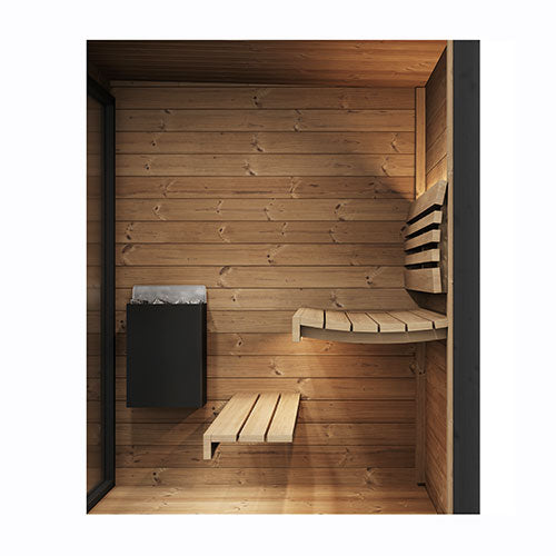 SaunaLife GL4 interior knot-free ergonomically contoured two-tier thermo-hardwood benches and indirect Wi-Fi LED lighting