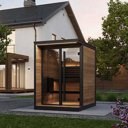 SaunaLife Garden Luxury-Series GL4 | 4-Person Outdoor Sauna Kit | 1.57" Thermo-Spruce | Bronze Tempered Glass | Black Modern Trim | Exterior Eave LED | Integrated Porch | Ergonomic Contoured Benches | Handcrafted Northern Europe