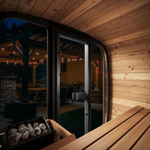 SaunaLife Cube-Series Model CL4G | Compact Outdoor Cube Sauna Kit | Full Glass Front | Thermo-Spruce | 6'2" Headroom | Wi-Fi LED Light Bar Included | Contoured Thermo-Aspen Benches | Handcrafted Northern Europe