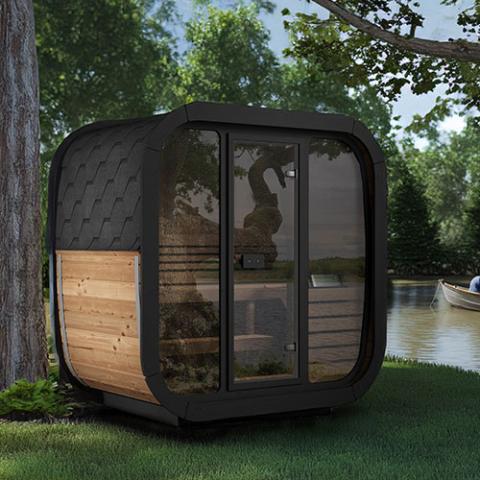 SaunaLife Cube-Series Model CL4G | Compact Outdoor Cube Sauna Kit | Full Glass Front | Thermo-Spruce | 6'2" Headroom | Wi-Fi LED Light Bar Included | Contoured Thermo-Aspen Benches | Handcrafted Northern Europe