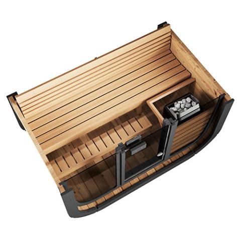 SaunaLife CL4G interior contoured knotless Thermo-Aspen benches arched backrest and 6 foot 2 inch headroom compact layout