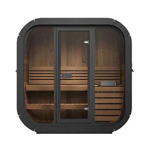 SaunaLife Cube-Series Model CL4G | Compact Outdoor Cube Sauna Kit | Full Glass Front | Thermo-Spruce | 6'2" Headroom | Wi-Fi LED Light Bar Included | Contoured Thermo-Aspen Benches | Handcrafted Northern Europe