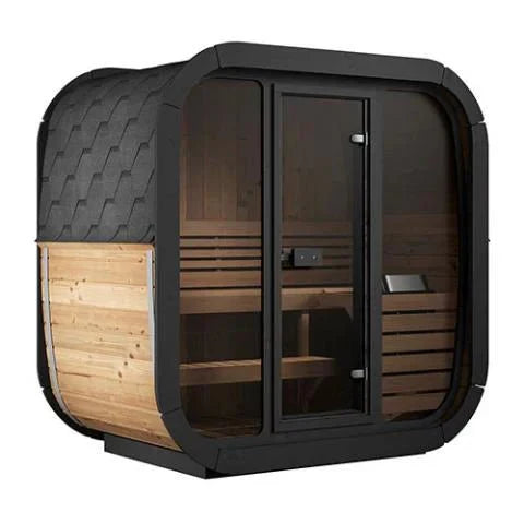 SaunaLife CL4G outdoor sauna 80.7 inch wide 49.2 inch deep Thermo-Spruce walls black painted front trim shingle roof with drip rails
