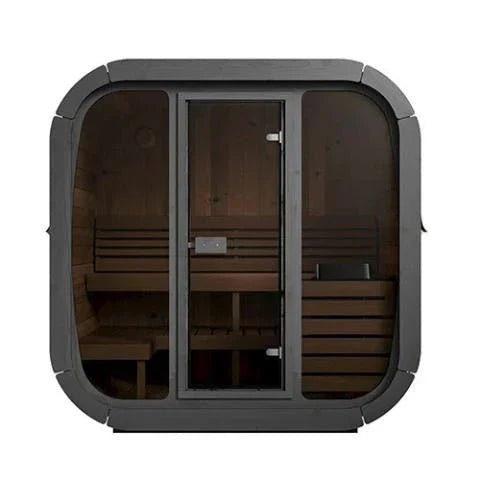 SaunaLife Cube-Series Model CL5G | 4-Person Outdoor Cube Sauna Kit | Full Glass Front | 6'2" Headroom | Thermo-Spruce | Wi-Fi LED Light Bar Included | Contoured Thermo-Aspen Benches | Handcrafted Northern Europe