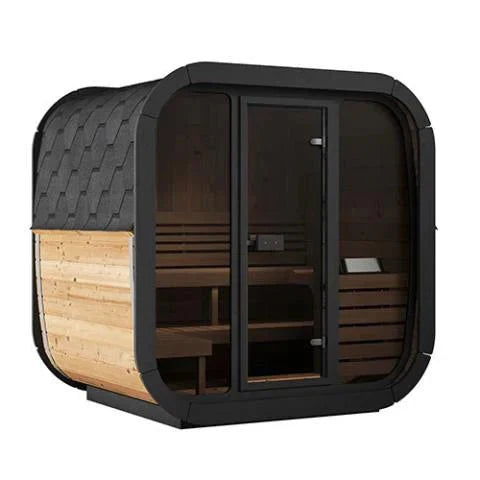 Portable sauna with wooden interior and black exterior on a white background