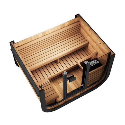 SaunaLife CL5G interior contoured knotless Thermo-Aspen benches arched backrest and 6 foot 2 inch headroom