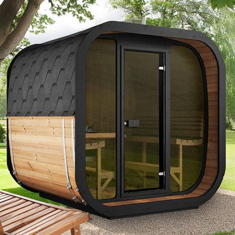 SaunaLife Cube-Series Model CL7G | 6-Person Outdoor Cube Sauna Kit | Thermally Modified Thermo-Spruce | 7 ft+ Interior Height | Panoramic Bronze Glass | Arched Ergonomic Thermo-Aspen Benches | Handcrafted Northern Europe