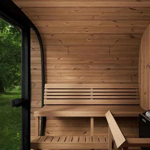 SaunaLife CL7G interior 7 foot height knotless Thermo-Aspen facing benches arched ergonomic backrests 6 person capacity