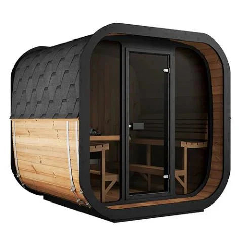 SaunaLife CL7G Cube-Series 6-person outdoor cube sauna kit modern Scandinavian design Thermo-Spruce bronze glass front