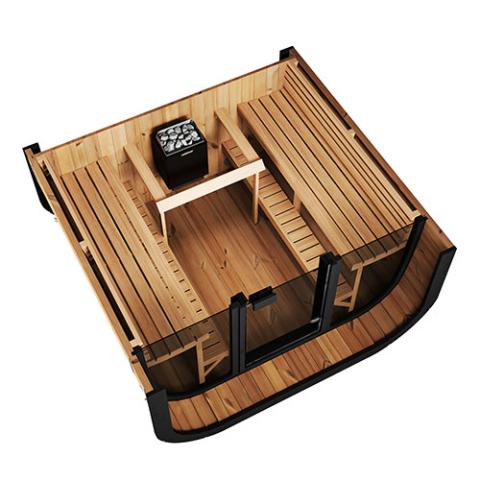 SaunaLife CL7G interior 7 foot height knotless Thermo-Aspen facing benches arched ergonomic backrests 6 person capacity