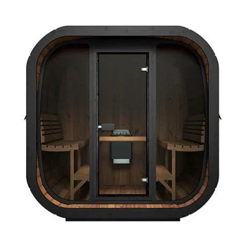 SaunaLife CL7G outdoor cube sauna 91 inch wide thermally modified Thermo-Spruce shingled roof full panoramic glass wall