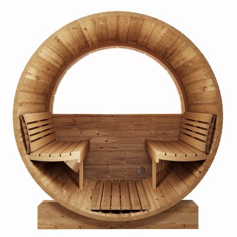 SaunaLife ERGO-Series Model E6W | 3-Person Outdoor Barrel Sauna | Panoramic Half-Moon Rear Window | 81" Diameter | 6'5" Standing Height | Curved Thermo-Aspen Benches | Wi-Fi LED Light Bar | Thermo-Spruce