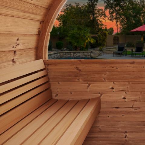 SaunaLife ERGO-Series Model E6W | 3-Person Outdoor Barrel Sauna | Panoramic Half-Moon Rear Window | 81" Diameter | 6'5" Standing Height | Curved Thermo-Aspen Benches | Wi-Fi LED Light Bar | Thermo-Spruce
