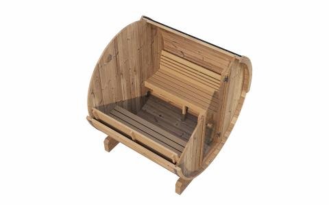 SaunaLife ERGO-Series Model E7 | 4-Person Outdoor Barrel Sauna | 81" Diameter | 6'5" Standing Height | Curved Thermo-Aspen Benches | 1.65" Thermo-Spruce Staves | Dual Floor Drains | 1-Day Assembly