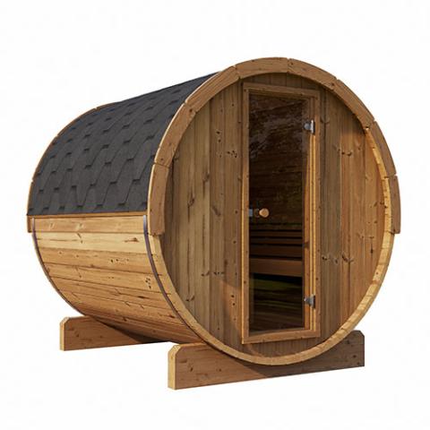 SaunaLife ERGO-Series E7 4-person outdoor barrel sauna 71 inch long 81 inch diameter Thermo-Spruce staves and stainless steel barrel bands