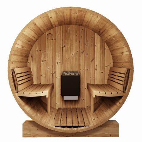 SaunaLife ERGO-Series Model E8G | 6-Person Outdoor Barrel Sauna | Full Glass Front | 81" Diameter | 6'5" Standing Height | Curved Thermo-Aspen Benches | Panoramic Bronze Glass | Dual Floor Drains | Thermo-Spruce | 1-Day Assembly