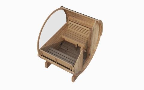 SaunaLife ERGO-Series Model E8G | 6-Person Outdoor Barrel Sauna | Full Glass Front | 81" Diameter | 6'5" Standing Height | Curved Thermo-Aspen Benches | Panoramic Bronze Glass | Dual Floor Drains | Thermo-Spruce | 1-Day Assembly
