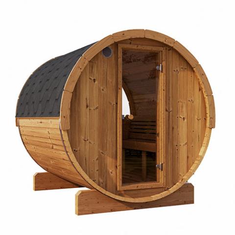 SaunaLife E8W barrel sauna 87 inch long Thermo-Spruce staves stainless steel barrel bands black shingle roof tempered glass door