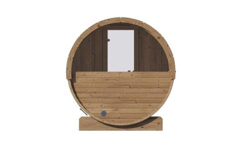 SaunaLife ERGO-Series Model E8W | 6-Person Outdoor Barrel Sauna | Panoramic Half-Moon Rear Window | 81" Diameter | 6'5" Standing Height | Curved Thermo-Aspen Benches | Thermo-Spruce | Dual Floor Drains | 1-Day Assembly