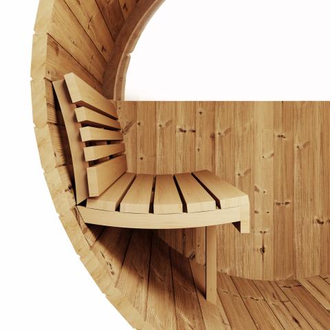 SaunaLife ERGO-Series Model E8W | 6-Person Outdoor Barrel Sauna | Panoramic Half-Moon Rear Window | 81" Diameter | 6'5" Standing Height | Curved Thermo-Aspen Benches | Thermo-Spruce | Dual Floor Drains | 1-Day Assembly