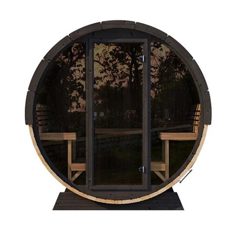 SaunaLife Elegance-Series Model EE8G | 6-Person Outdoor Sauna Barrel | 8mm Tempered Glass Front Wall | 7'7" Diameter | 6'7" Standing Height | Dual Wi-Fi LED Lights | Thermo-Spruce | Floor Kit Included