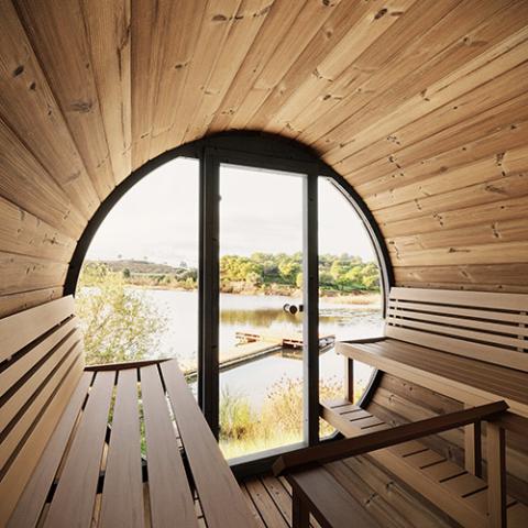 SaunaLife EE8G interior 19.8 inch deep curved Thermo-Aspen benches arched backrest deepest bench in SaunaLife lineup