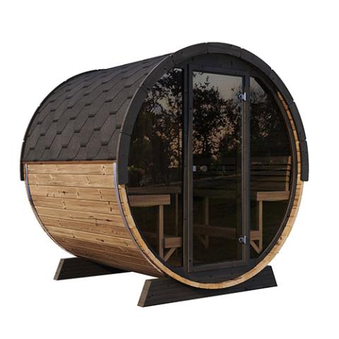 SaunaLife EE8G barrel sauna 79 inch long Thermo-Spruce staves black painted front frame cradles and stainless steel barrel bands