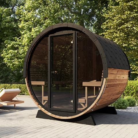 SaunaLife Elegance-Series EE8G 6-person outdoor sauna barrel 8mm tempered glass front wall 91 inch diameter in backyard