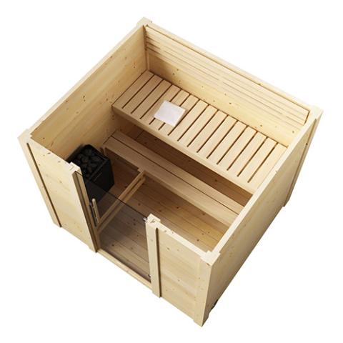 SaunaLife G2 interior hand-selected knotless Aspen two-tier benches and backrests with dimmable Wi-Fi LED lighting