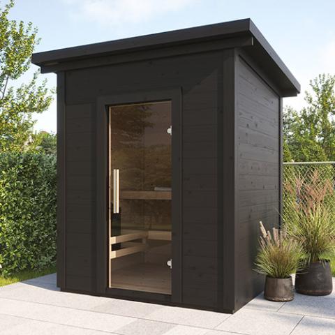SaunaLife G2 8mm tempered clear glass door with high-quality handle and heavy-duty hinges on outdoor cabin sauna