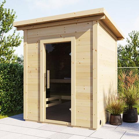 Wooden outdoor shed with a glass door in a garden setting
