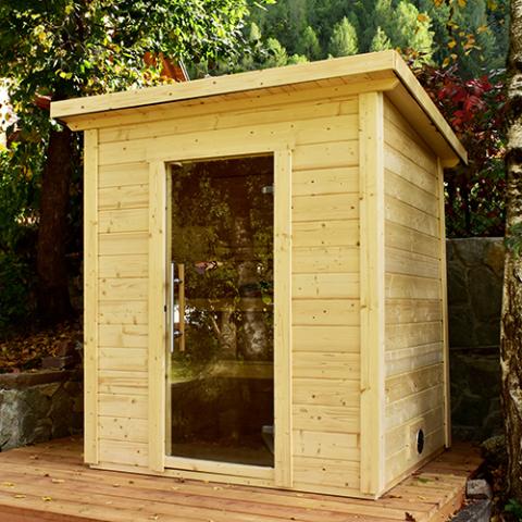 SaunaLife G2 outdoor sauna cabin 72 inch wide 1.65 inch Nordic Spruce interlocking V-joint wall construction