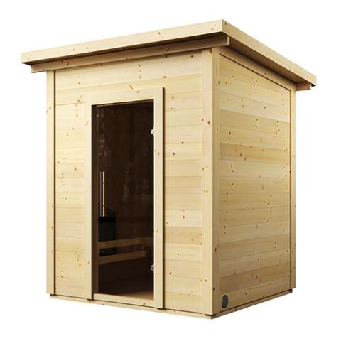 SaunaLife Model G2 4-person outdoor cabin sauna kit Nordic Spruce walls natural wood finish in backyard