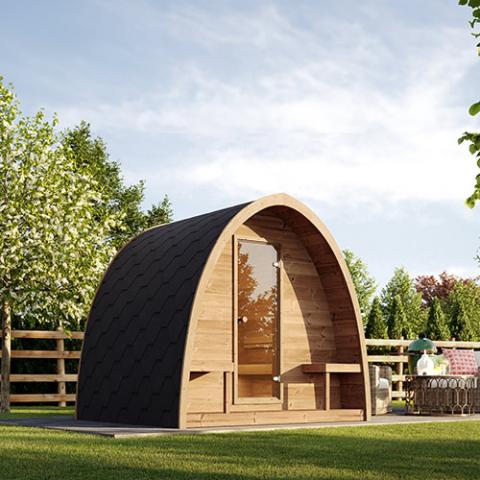 SaunaLife Garden-Series G3 outdoor sauna kit parabolic arched roof and bronze tempered glass door in backyard