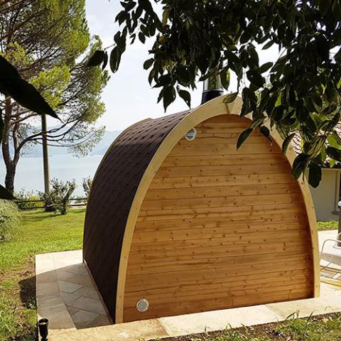 SaunaLife G3 unique parabolic arched shingled roof Thermo-Spruce exterior full-height weather protection