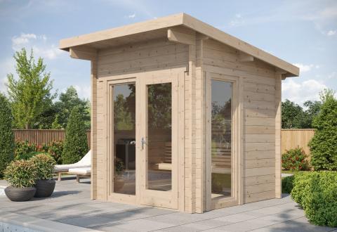 SaunaLife Model G4 6-person outdoor cabin sauna kit with full glass front and Nordic Spruce exterior in backyard