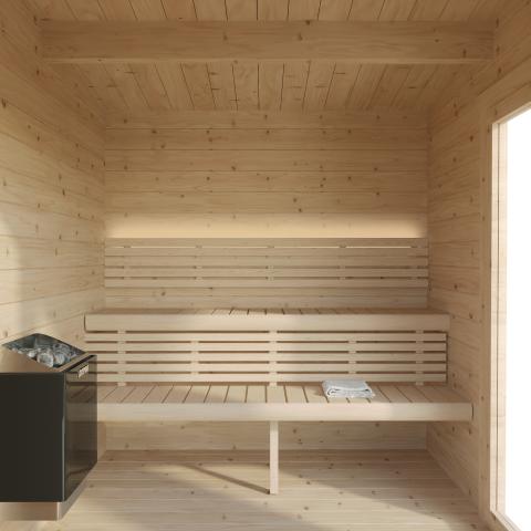 SaunaLife Garden Series Model G4 | 6-Person Outdoor Cabin Sauna Kit | 1.75" Nordic Spruce Walls | Full Glass Front | Knotless Aspen Benches | Wi-Fi LED Lighting | Handcrafted in Northern Europe