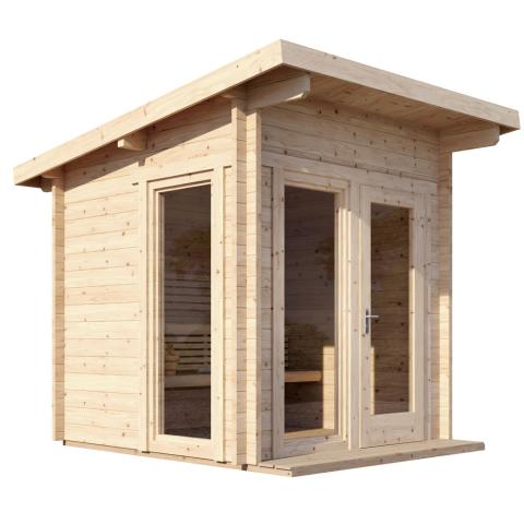 SaunaLife G4 outdoor sauna with large side window and IP67 Wi-Fi controlled dotless LED interior lighting