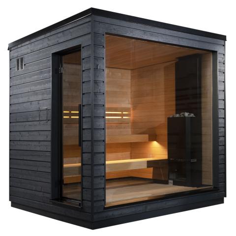 SaunaLife Model G6 fully pre-assembled 5-person outdoor sauna black painted Spruce exterior panoramic glass front wall
