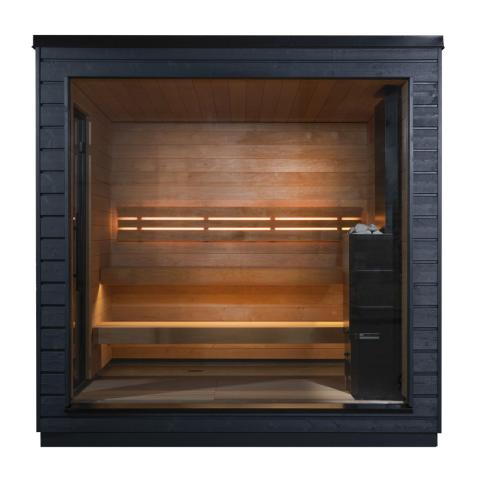 SaunaLife G6 full double-glazed tempered glass panoramic front wall and black frame glass entry door