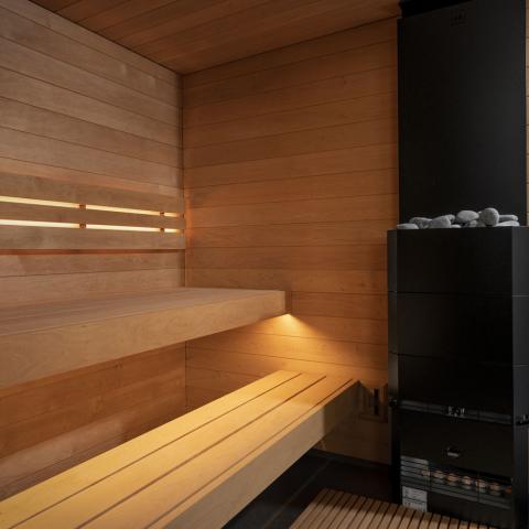 SaunaLife G6 interior furniture-grade Alder two-tier benches dimmable LED lighting under benches and behind backrest