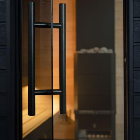SaunaLife Model G6 | 5-Person Fully Pre-Assembled Outdoor Sauna | Furniture-Grade Alder Interior | Black-Painted Spruce Exterior | Panoramic Dual-Pane Glass Wall | 7-1/16" Insulated Walls | Lifetime Warranty | Handcrafted Northern Europe