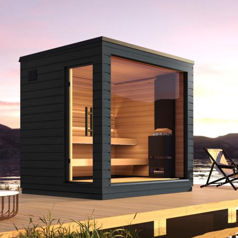 SaunaLife G6 outdoor luxury sauna 95 inch wide black Spruce cladding slanted roof and rainwater control system